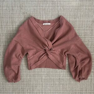 We The Free Mauve Pink Front Knot Crop Sweater
